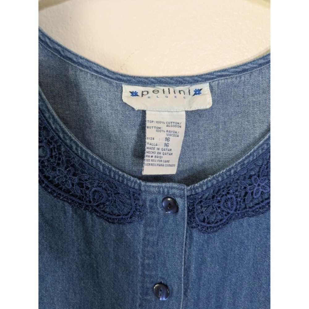 Vintage 90s Cottagecore Maxi Dress XL Denim Floral Plaid Button Up Lace Applique - Picture 4 of 8